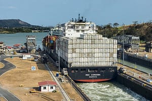 Cargo boat passing the Miraflores Locks Panama Canal Panama City Panama Central America PUBLICAT