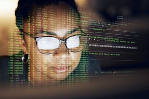 Computer hologram, script and woman programming software server or coding future cybersecurity. Night programmer face, v