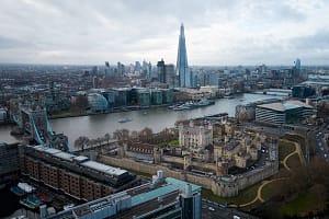 The Tower of London from above with a view over the city – LONDON, UK – DECEMBER 20, 2022 The Tower of London from above