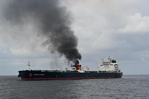 Oil tanker Marlin Luanda has caught fire 60 nautical miles southeast of Aden in Yemen after a missile attack by Houthi fighters based in Yemen on Jan 26, 2024. The ship’s owner, Trafigura, said the Marlin Luanda was struck by a missile as it transited the