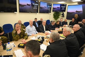 Israel Prime Minister Benjamin Netanyahu convening the War Cabinet, at the Kirya in Tel Aviv, on April 13, 2024. The Israeli military said on Saturday that Iran had launched a number of drones toward Israel, and Israeli defence systems were poised to shoo