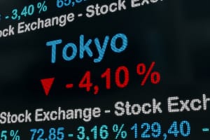 RECORD DATE NOT STATED Tokyo stock exchange moving down. Japan, Tokyo negative stock market data on a trading screen. Re
