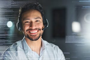 Call center, overlay and portrait of man for customer service, telemarketing and crm networking. Futuristic hologram, co