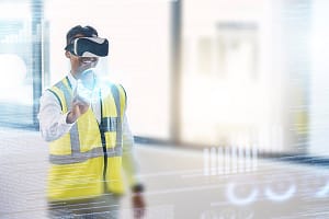 Construction, futuristic and architect with virtual reality and man, digital transformation and metaverse with architect