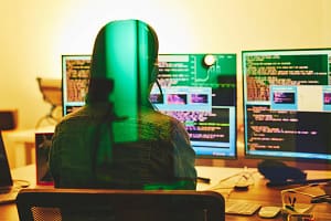 Developer headset, computer screen or neon coding on cybersecurity ransomware, night phishing or code programming. Progr