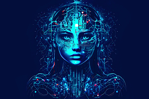 Neon blue female cyborg robot as Artificial Intelligence concept with copy space – Generative AI illustration Neon blue