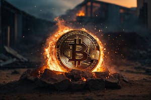 Bitcoin steht in Flammen, Symbolbild. Mit KI generiert *** Bitcoin is on fire, symbol image Generated with AI