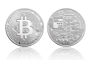 Silver Bitcoin coin isolated on white background Silver Bitcoin coin isolated on white background. Cryptocurrency Copyri