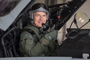 NATO Secretary General Jens Stoltenberg in the cockpit experiencing flying in the Eurofighter in German on April 25, 2024. Jen visited Germany and flew with Geman airforce Team Luftwaffe in a Eurofighter jet, witnessing firsthand how the German air force