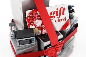 Household equipments and gift card wrapped with red ribbon. 3D illustration Household equipments and gift card wrapped w