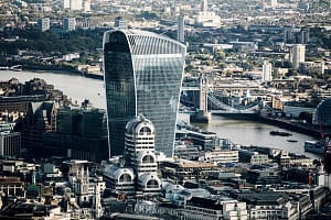 The Walkie Talkie architectural landmark and Tower Bridge along the River Thames, London