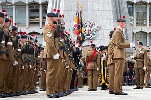 The Royal Regiment of Fusiliers march in the City of London Privilege Parade in London, UK, on 16th Sept, 2024