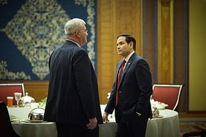 Andrii Sybiha (L), Minister of Foreign Affairs of Ukraine, talks with U.S Secretary of State Marco Rubio, during the U.S Ukraine talks in Jeddah, Saudi Arabia, March 11, 2025. Ukraine has agreed to a United States proposal for a 30-day ceasefire with Russ