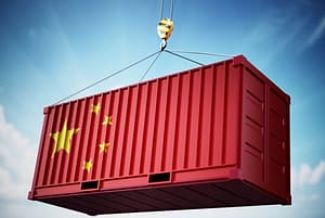 Cargo container with flag of China against blue sky. 3D illustration Cargo container with flag of China against blue sky