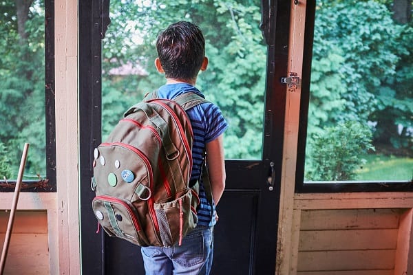 Rear view of schoolboy looking through porch window